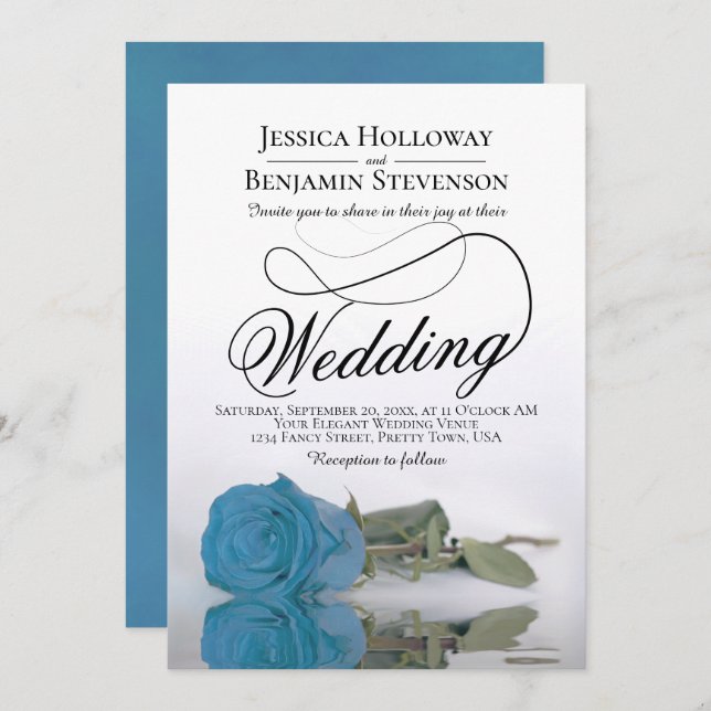 Elegant Turquoise Blue Rose Classy Script Wedding Invitation (Front/Back)