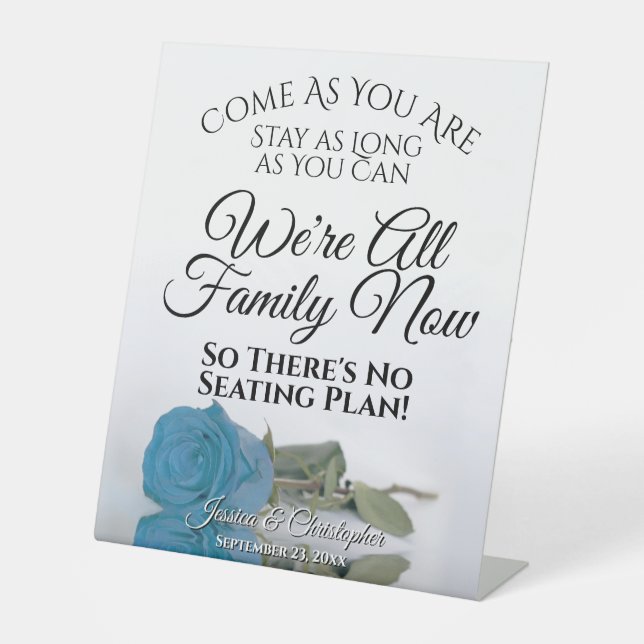 Elegant Turquoise Blue Rose Open Seating Wedding Pedestal Sign (Front)