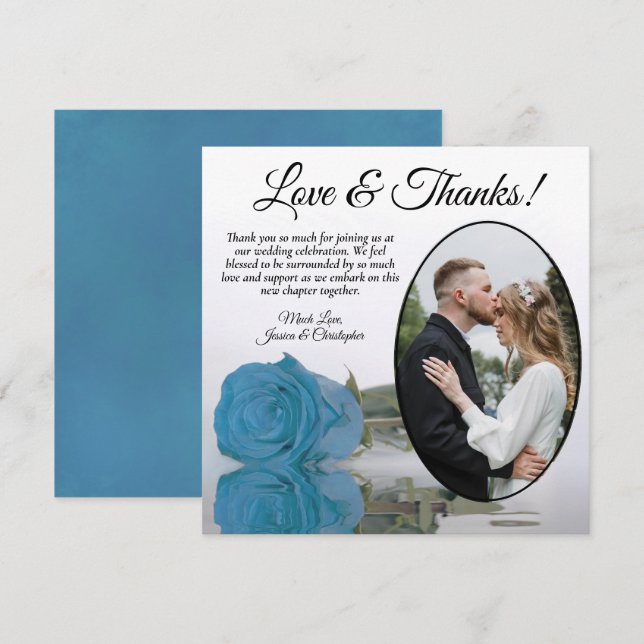 Elegant Turquoise Blue Rose & Oval Photo Wedding Thank You Card (Front/Back)