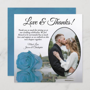 Elegant Turquoise Blue Rose & Oval Photo Wedding Thank You Card