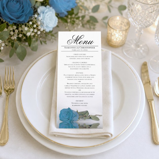 Elegant Turquoise Blue Rose Reflections Wedding Menu (Creator Uploaded)