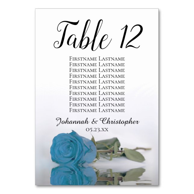 Elegant Turquoise Blue Rose Seating Chart Wedding Table Number (Back)