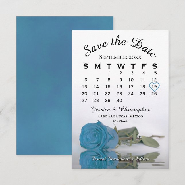 Elegant Turquoise Blue Rose Wedding Calendar Save The Date (Front/Back)