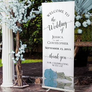 Elegant Turquoise Blue Rose Wedding Welcome Retractable Banner