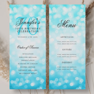 Elegant Turquoise Bokeh 70th Birthday Program Menu Invitation
