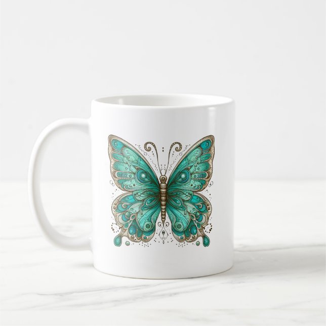 Elegant Turquoise butterfly Classic Ceramic Coffee Mug (Left)
