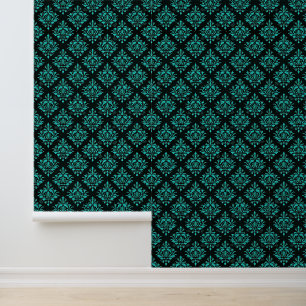 Elegant Turquoise Damask Pattern on Black Wallpaper