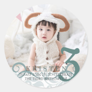 Elegant turquoise floral photo birthday party classic round sticker