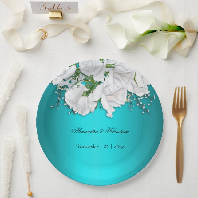 Elegant Turquoise Floral Wedding  Paper Plate (Wedding)