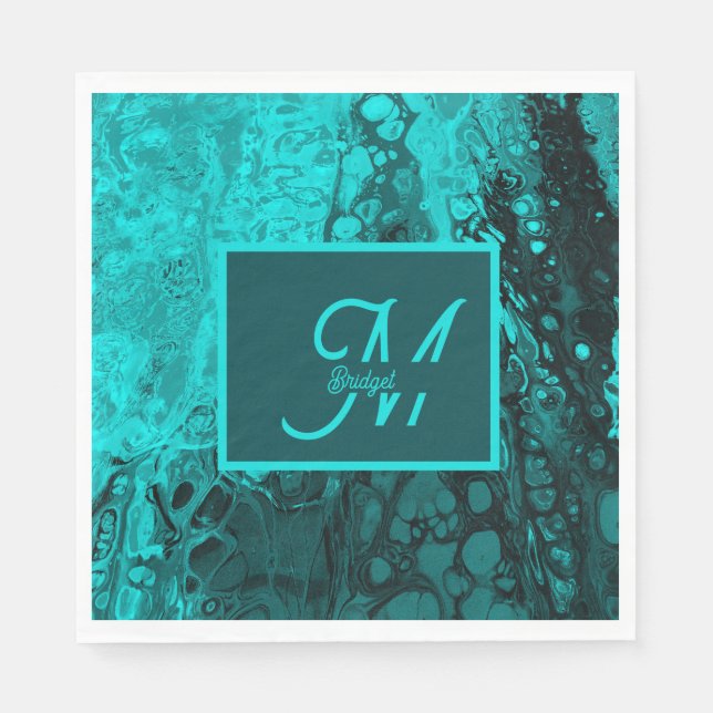Elegant Turquoise Fluid Script monogram Art Napkin (Front)
