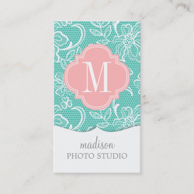 Elegant Turquoise Girly Lace Personalised Monogram Business Card (Front)