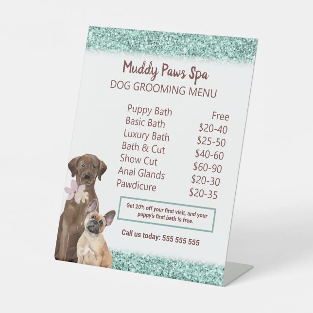 Elegant Turquoise Glitter Dog Grooming Menu Pedestal Sign (Front)