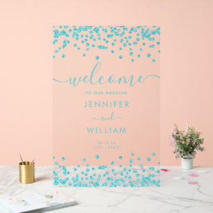 Elegant Turquoise Glitter Wedding Party Welcome Acrylic Sign