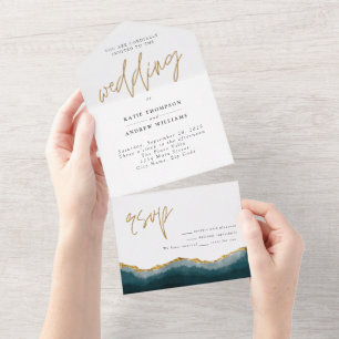Elegant Turquoise Gold Agate Calligraphy Wedding All In One Invitation