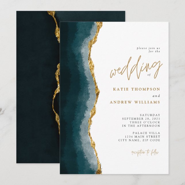 Elegant Turquoise Gold Agate Calligraphy Wedding Invitation (Front/Back)