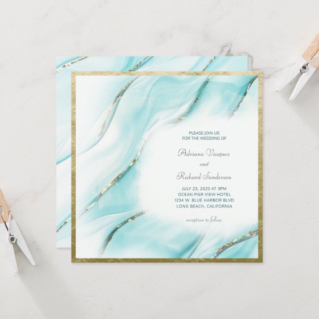 Elegant Turquoise Gold Agate Square Wedding  Invitation (Front/Back In Situ)