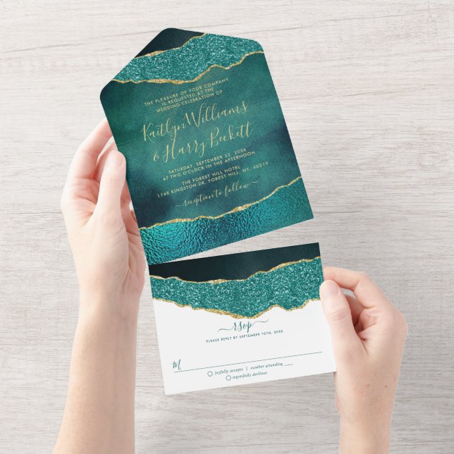 Elegant Turquoise & Gold Agate Wedding All In One Invitation (Tearaway)