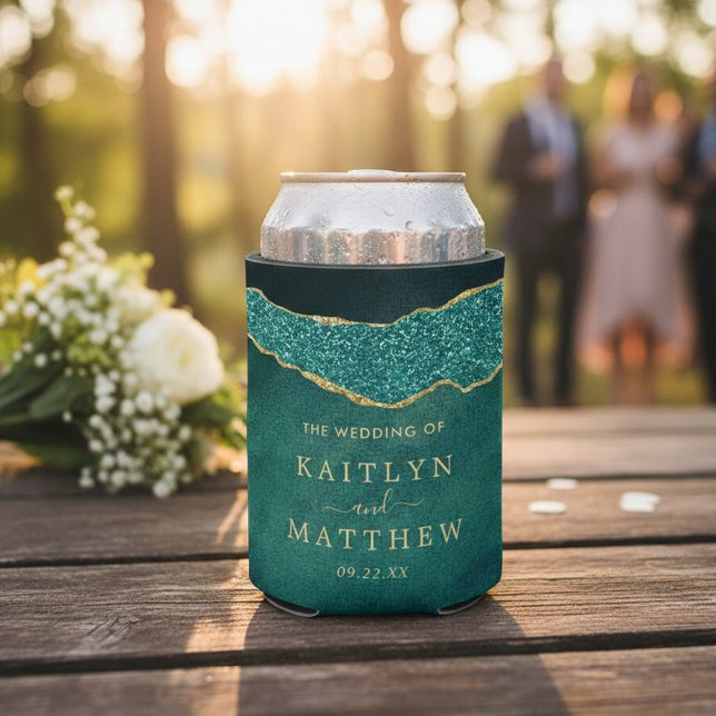 Elegant Turquoise & Gold Agate Wedding Can Cooler (Creator Uploaded)