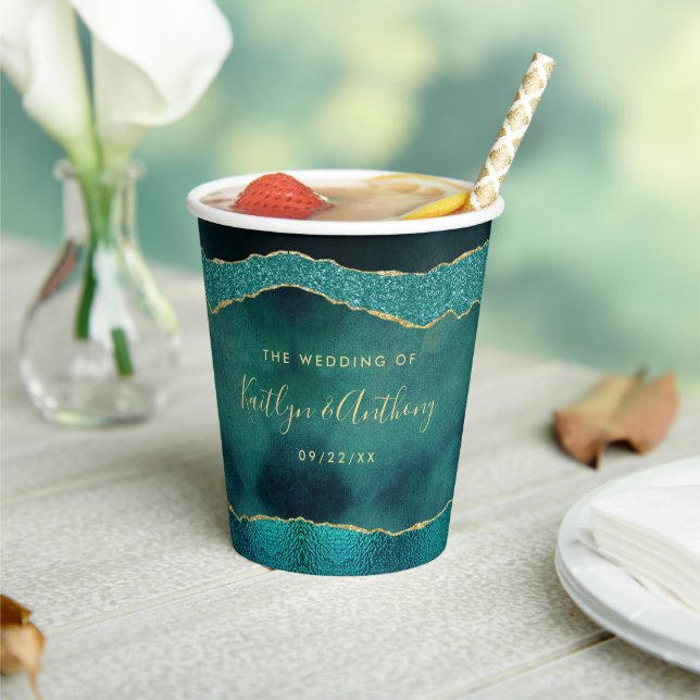 Elegant Turquoise & Gold Agate Wedding Paper Cups (Insitu)