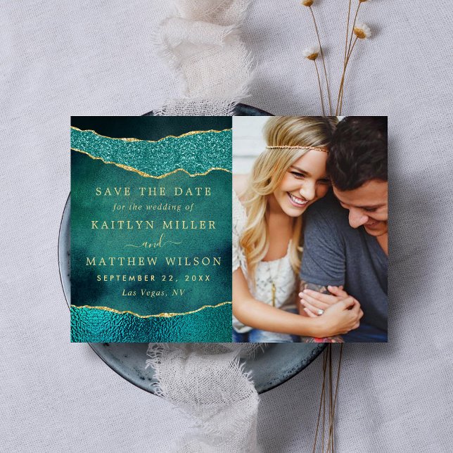 Elegant Turquoise & Gold Agate Wedding Photo Save The Date (Creator Uploaded)