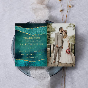 Elegant Turquoise & Gold Agate Wedding Photo Thank You Card