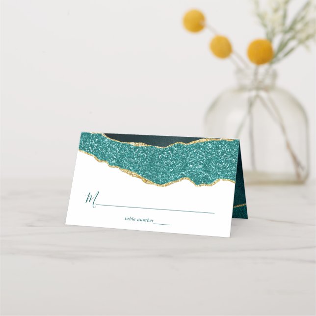 Elegant Turquoise & Gold Agate Wedding Place Card (Front)