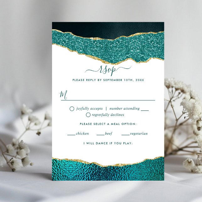 Elegant Turquoise & Gold Agate Wedding RSVP Card (Creator Uploaded)