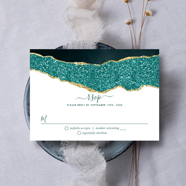 Elegant Turquoise & Gold Agate Wedding RSVP Card (Creator Uploaded)