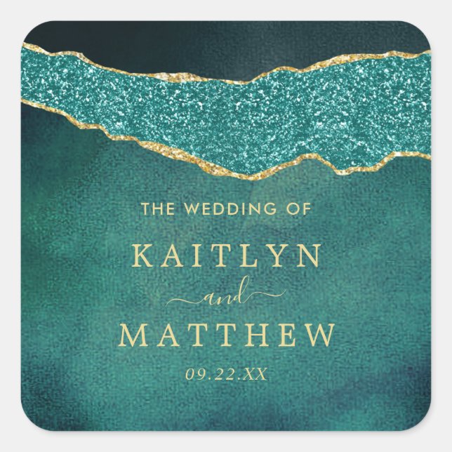 Elegant Turquoise & Gold Agate Wedding Square Sticker (Front)