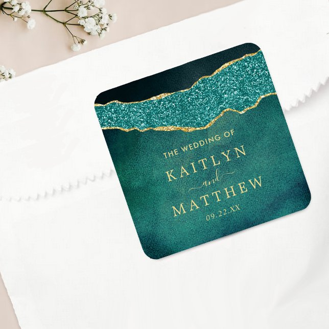 Elegant Turquoise & Gold Agate Wedding Square Sticker (Creator Uploaded)