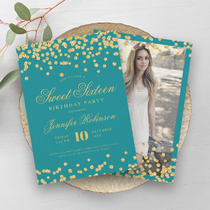 Elegant Turquoise Gold Confetti Photo Sweet 16 Invitation