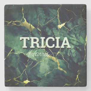 Elegant turquoise green marble faux gold glitter stone coaster