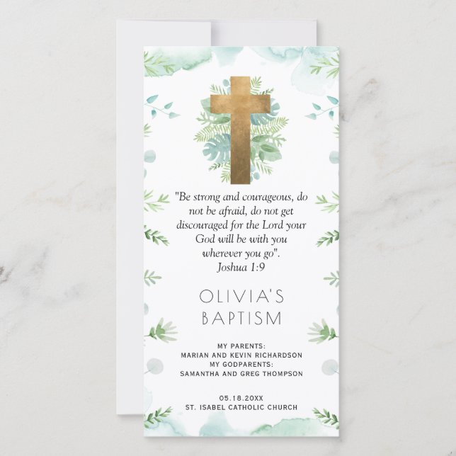 Elegant Turquoise, Greenery Baptism Bookmark Favou Thank You Card (Front)