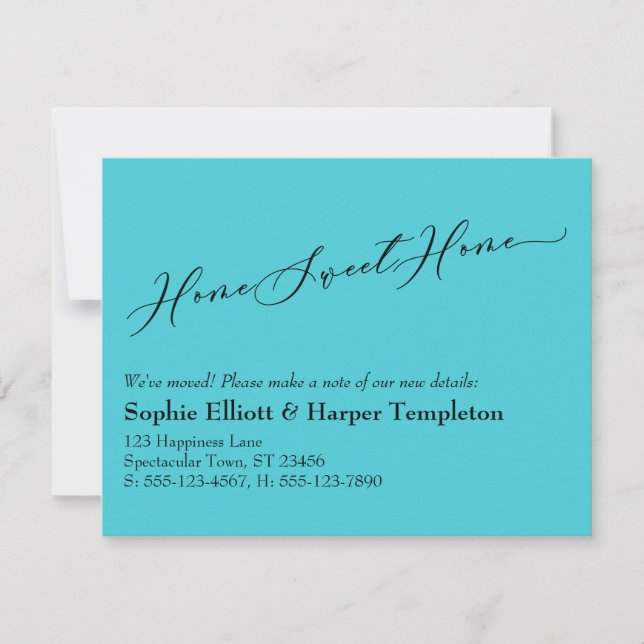 Elegant Turquoise Home Sweet Home New Address Card (Front)