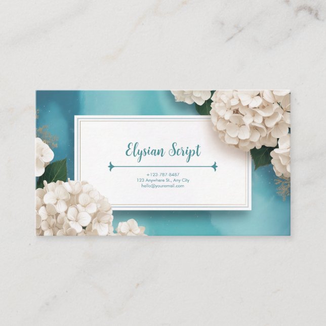 Elegant Turquoise Hydrangea Floral Gold Frame Business Card (Front)
