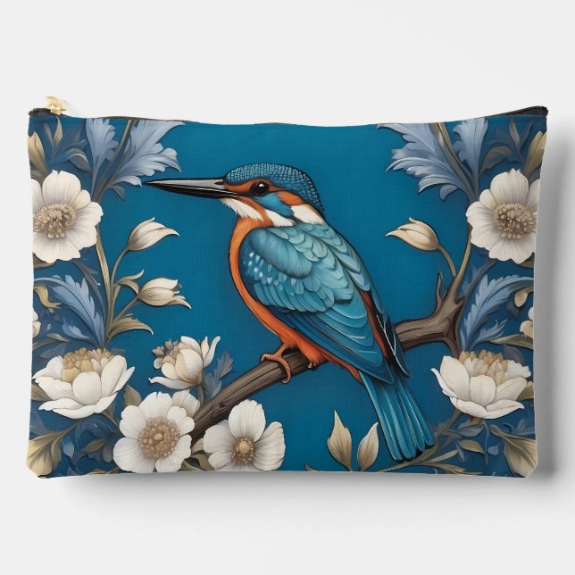 Elegant Turquoise Kingfisher Bird Floral  Accessory Pouch (Front)