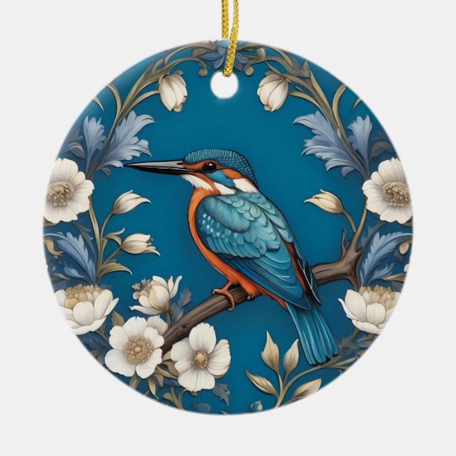 Elegant Turquoise Kingfisher Bird Floral  Ceramic Tree Decoration (Front)