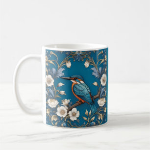 Elegant Turquoise Kingfisher Bird Floral Coffee Mug