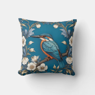 Elegant Turquoise Kingfisher Bird Floral Cushion