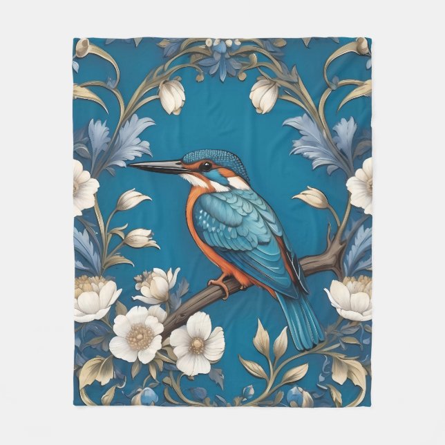 Elegant Turquoise Kingfisher Bird Floral  Fleece Blanket (Front)