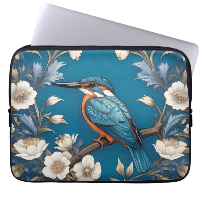 Elegant Turquoise Kingfisher Bird Floral  Laptop Sleeve (Front)