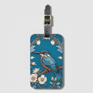 Elegant Turquoise Kingfisher Bird Floral Luggage Tag