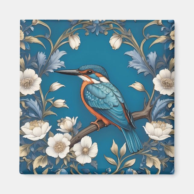 Elegant Turquoise Kingfisher Bird Floral  Magnet (Front)
