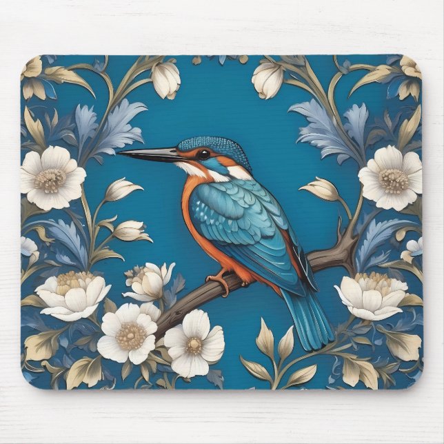 Elegant Turquoise Kingfisher Bird Floral  Mouse Mat (Front)