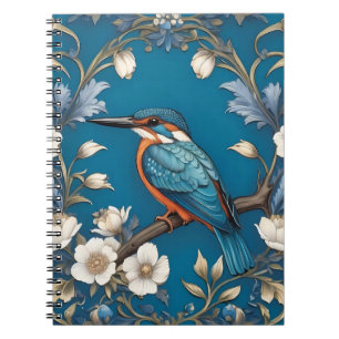 Elegant Turquoise Kingfisher Bird Floral Notebook