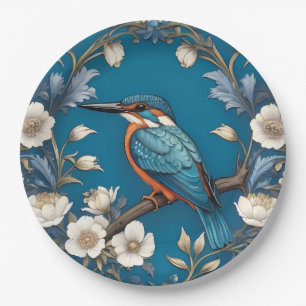Elegant Turquoise Kingfisher Bird Floral Paper Plate