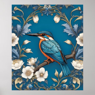 Elegant Turquoise Kingfisher Bird Floral Poster