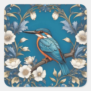 Elegant Turquoise Kingfisher Bird Floral Square Sticker