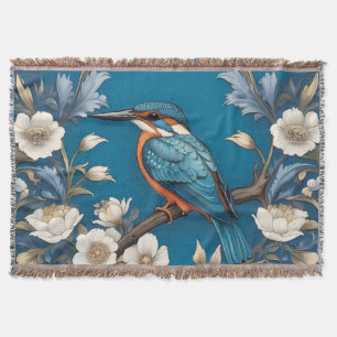 Elegant Turquoise Kingfisher Bird Floral Throw Blanket