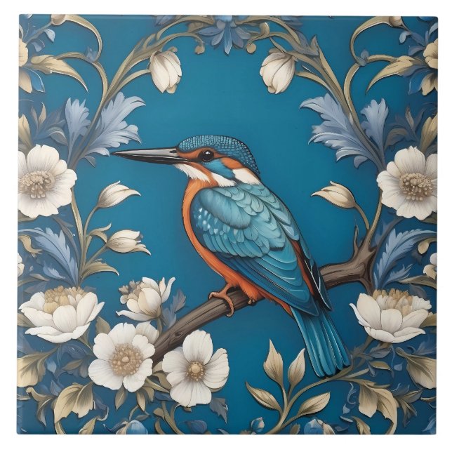 Elegant Turquoise Kingfisher Bird Floral  Tile (Front)